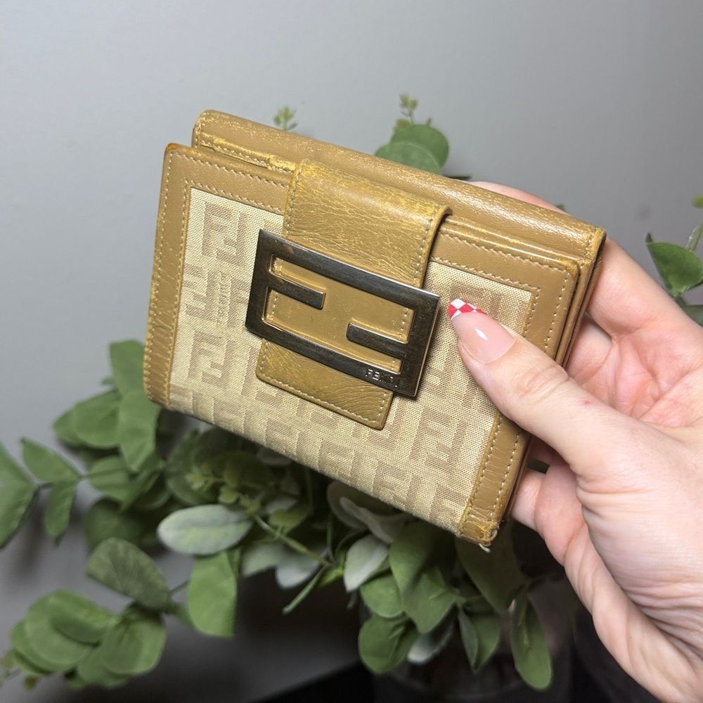 Beige Fendi Zucchino monogram canvas and leather bifold wallet